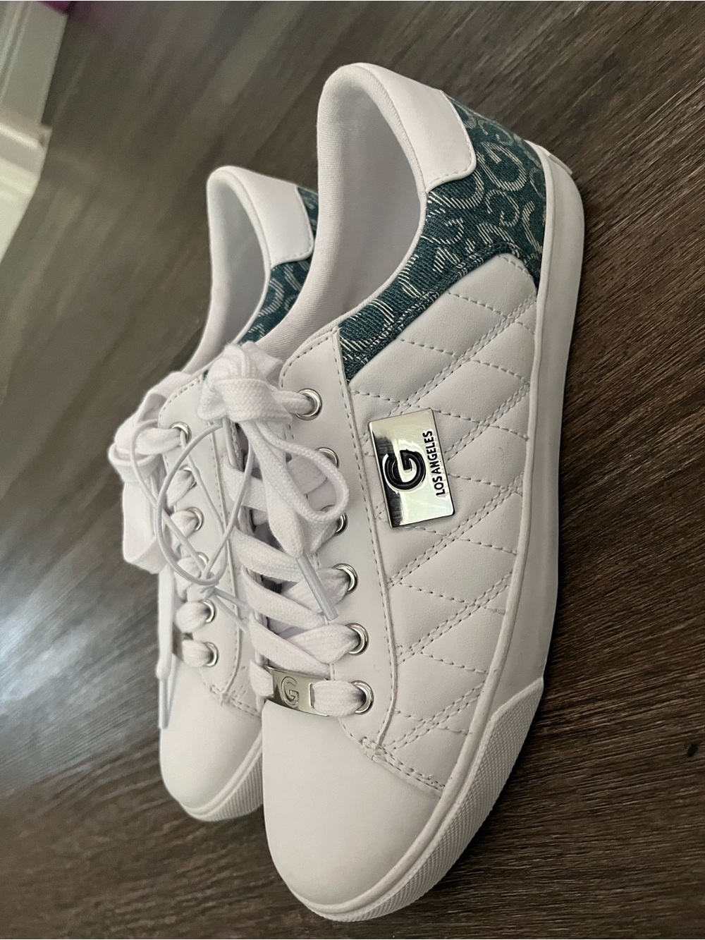 G by Guess White Quilted Low-Top Sneakers with Blue Monogram Heel